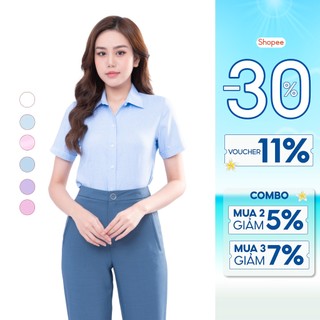 Áo sơ mi nữ công sở thiết kế ngắn tay vải sợi tre kẻ tăm Thái Hòa ASW0301-R06