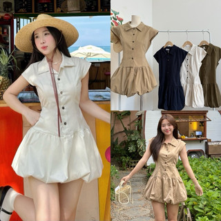 [Tặng kèm quần] Váy sơ mi tay hến buộc sau, váy ngắn dáng quả bí style ulzzang