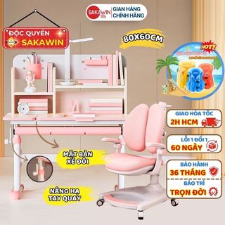 Bàn ghế chống gù Sakawin S80 kèm giá sách thông minh Nâng hạ tay quay cho bé từ 3 đến 18 tuổi