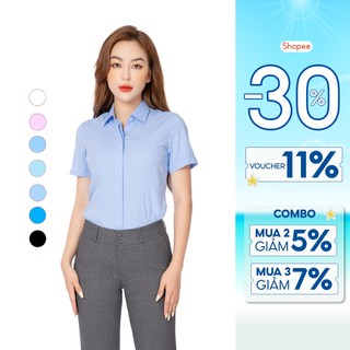 Áo sơ mi nữ công sở thiết kế ngắn tay nhiều màu vải sợi tre kẻ ô chìm Thái Hòa ASW0301-R12