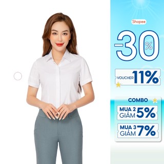 Áo sơ mi trắng nữ thiết kế công sở ngắn tay cổ đức vải sợi tre cao cấp 23ASW-218
