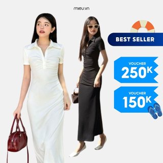 Đầm thun nữ cổ polo đuôi cá MIEU dáng dài có nhún ngực trẻ trung - LA01