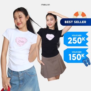 Áo babytee form ôm MIEU nhún eo tay Raglan Cotton họa tiết trái tim đáng yêu - LM13