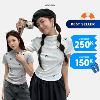 Áo baby tee nữ MIEU form ôm tôn dáng cổ tròn cao kết nơ nhỏ - KS05
