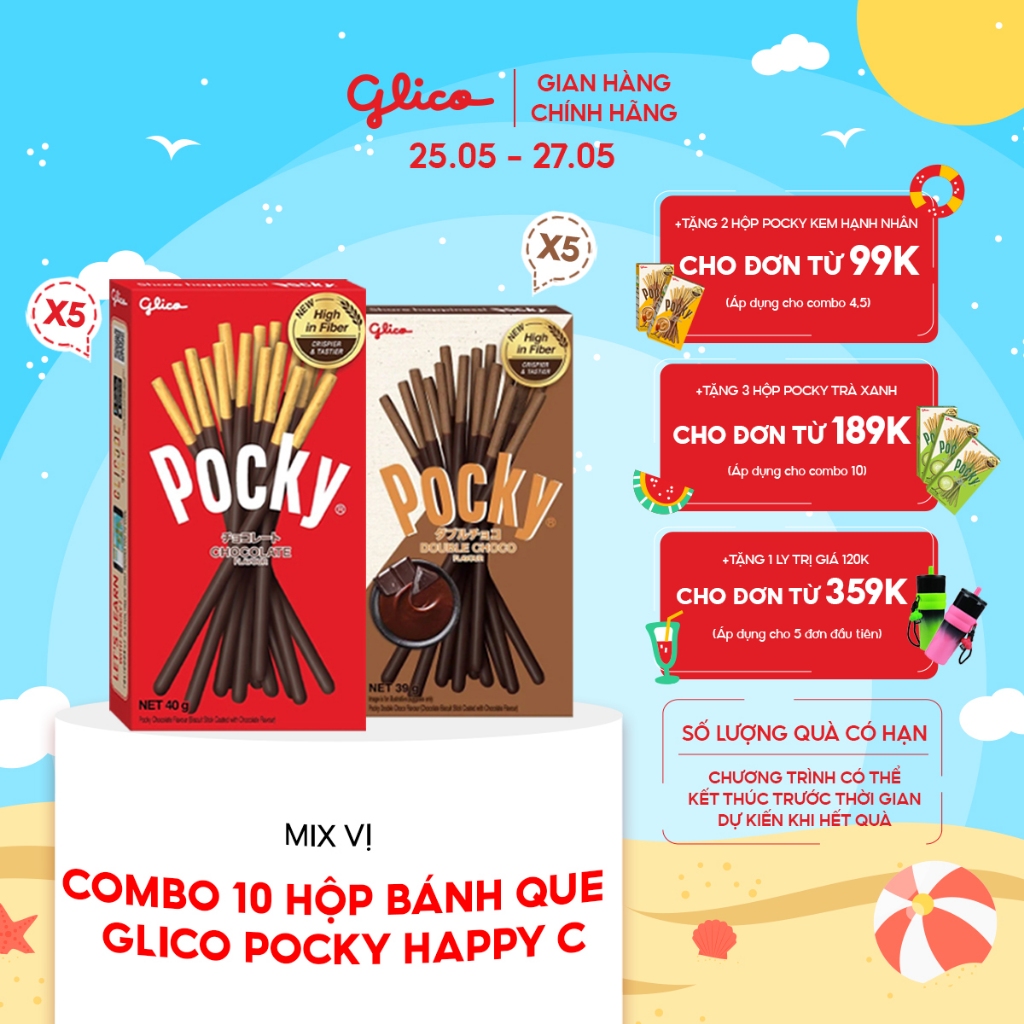 Combo 10 hộp Bánh que Glico Pocky Happy Set C mix vị (5 Socola - 5 Double Choco)