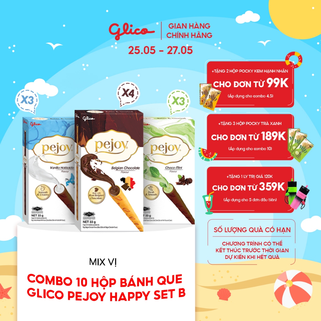 Combo 10 hộp Bánh que nhân kem Glico Pejoy Set Full Happiness mix vị (4 Socola - 3 Vani Hokkaido - 3 Choco Mint)