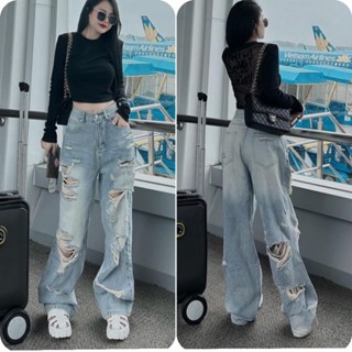 Quần jeans rách đều hai ống màu xanh trắng nhạt bụi rách trước sau cá tính mới 5620