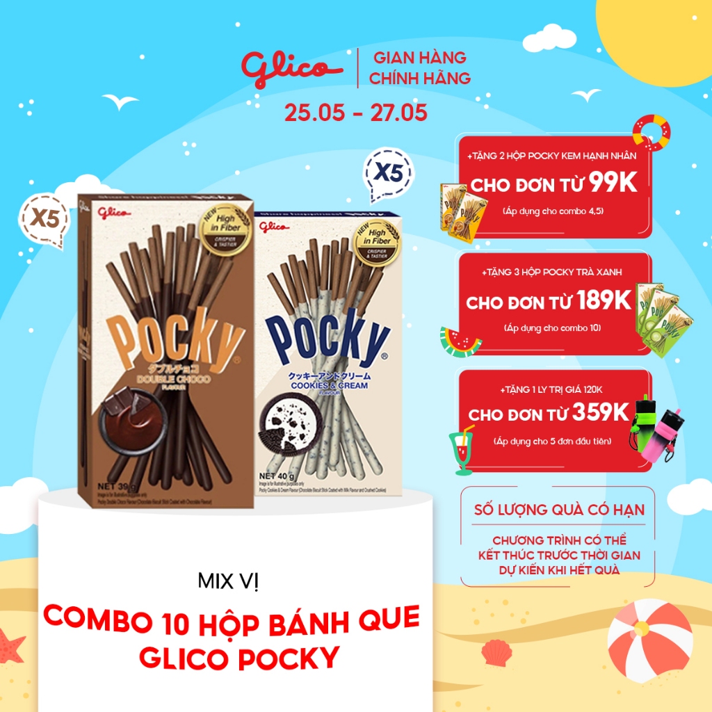 Combo 10 hộp Bánh que Glico Pocky Happy Set H mix vị (5 Cookies &amp; Cream - 5 Double Choco)