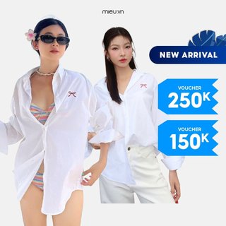 Áo sơ mi nữ form rộng freesize vải kate thêu nơ trendy kiểu dáng basic trắng MIEU - LA08