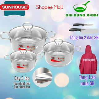 Bộ 3 nồi inox 5 đáy bếp từ SUNHOUSE SHG788kích thước 16 20 24cm dùng mọi loại bếp tỏa nhiệt đều giữ nhiệt tốt