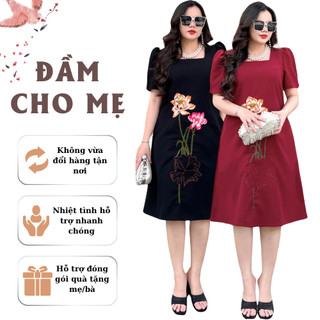 Đầm Thêu Hoa sen Tặng Mẹ Bigsize Cổ Vuông Form Suông A che khuyết điểm tốt | U45-55 lên form thanh lịch sang trọng CG038