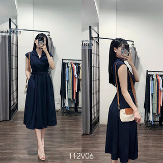 Váy midi tay hến kèm belt màu navy-112V06