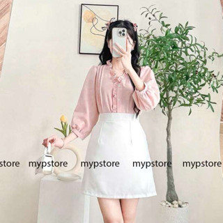 Áo cổ V viền bèo xếp ly thân tay phồng lửng Mypstore