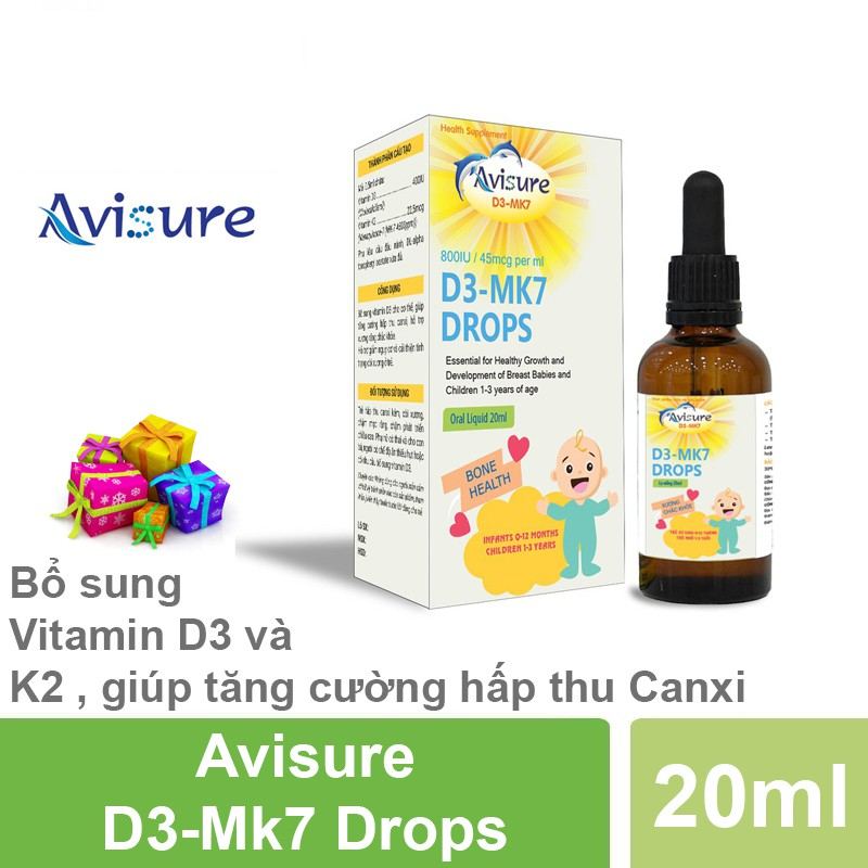 Siro Avisure D3 - MK7 Drops - Bổ sung Vitamin d3 k2, canxi cho bé, giúp xương, răng chắc khỏe