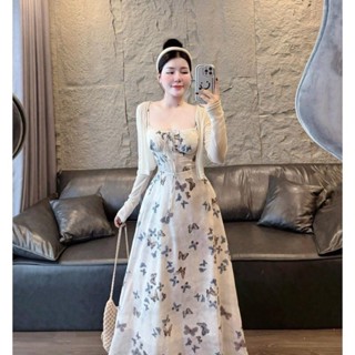 BIGSIZE HIẾU HIẾU (55-95KG) - Set váy 2 dây maxi dáng dài hoạ tiết B+áo khoác ngoài tay dài nhẹ nhàng thích hợp du lịch