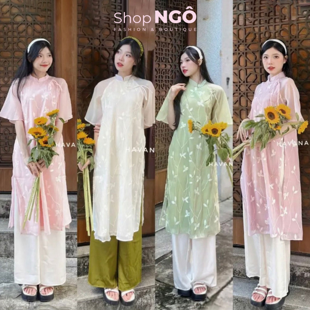 Set áo dài diện TẾT,áo dài cách tân dáng suông thêu hoa tay lỡ cao cấp chất tơ hoa nhẹ nhàng phối quần phi lụa hình that