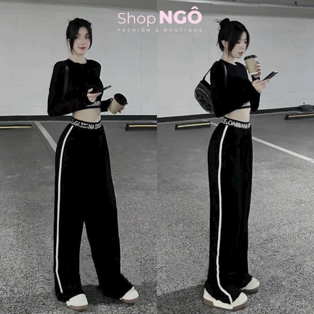 Set bộ áo croptop tay dài mix quần dài ống rộng chạy viền trắng lưng chữ thể thao chất thun co giãn - SHOPNGÔ FASHION