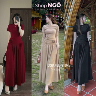 Đầm váy dài - Đầm váy nữ chất tăm lạnh cổ tròn tay ngắn nhún eo đính hoa form dài xoè sang trọng cho nàng đi dạo phố