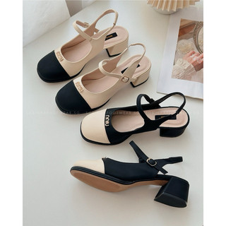 Giày cao gót sandal nữ Mary jane mũi tròn gót vuông da PU quai cài thời trang đế cao 4CM phối màu thanh lịch