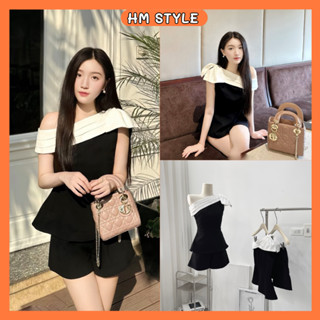 Set bộ đồ nữ thiết kế áo lệch vai phối bèo trắng gắn nơ + quần short dáng tiểu thư HB210