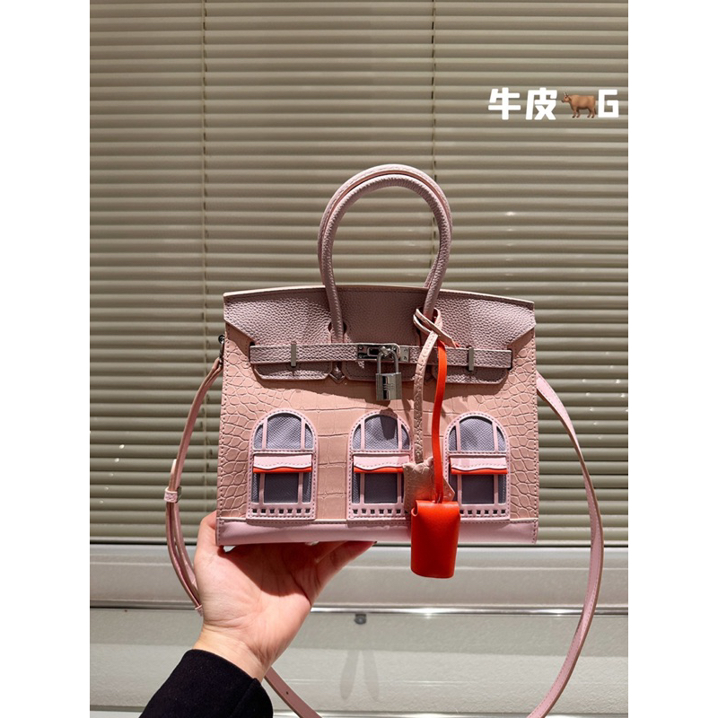Túi xách HM birkin màu hồng size 25 cm, túi có nhiều cửa sổ đặc biệt
