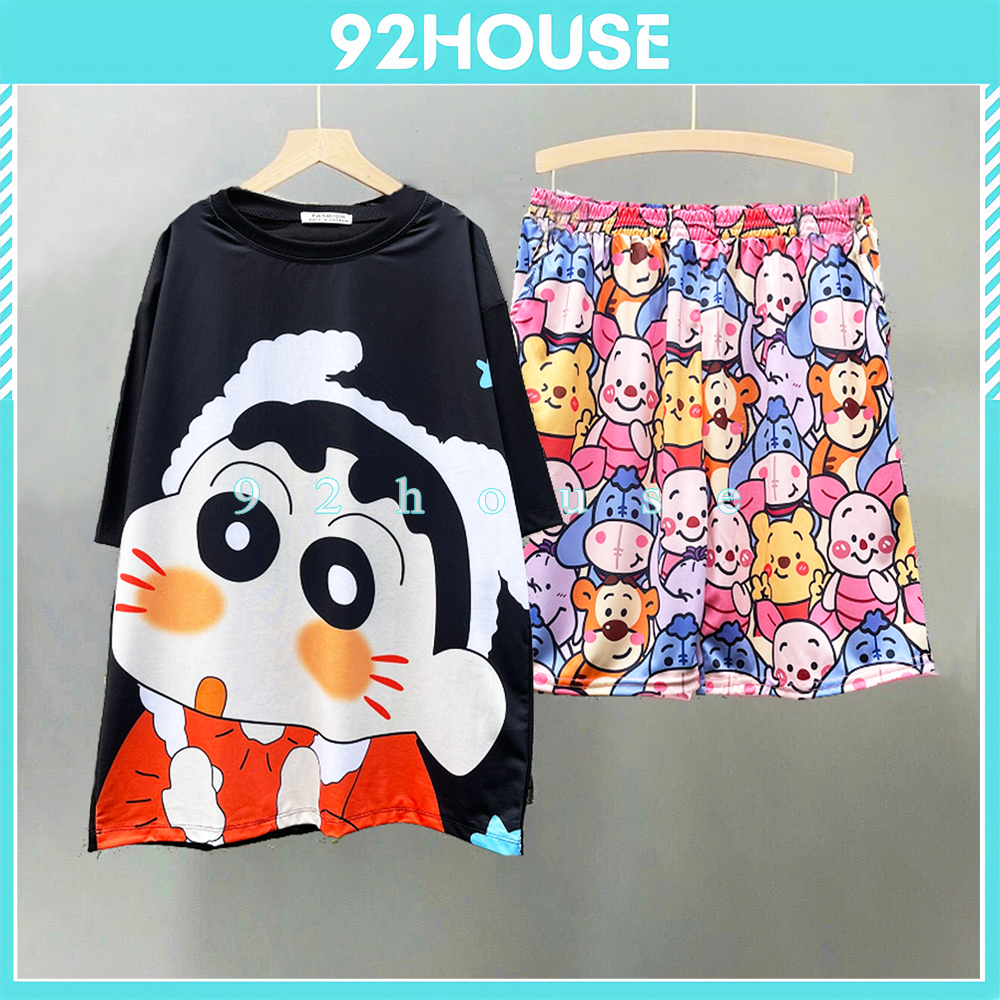 Đồ bộ hoạt hình unisex phom rộng Áo phông tay lỡ quần đùi hoạt hình Shin cute
