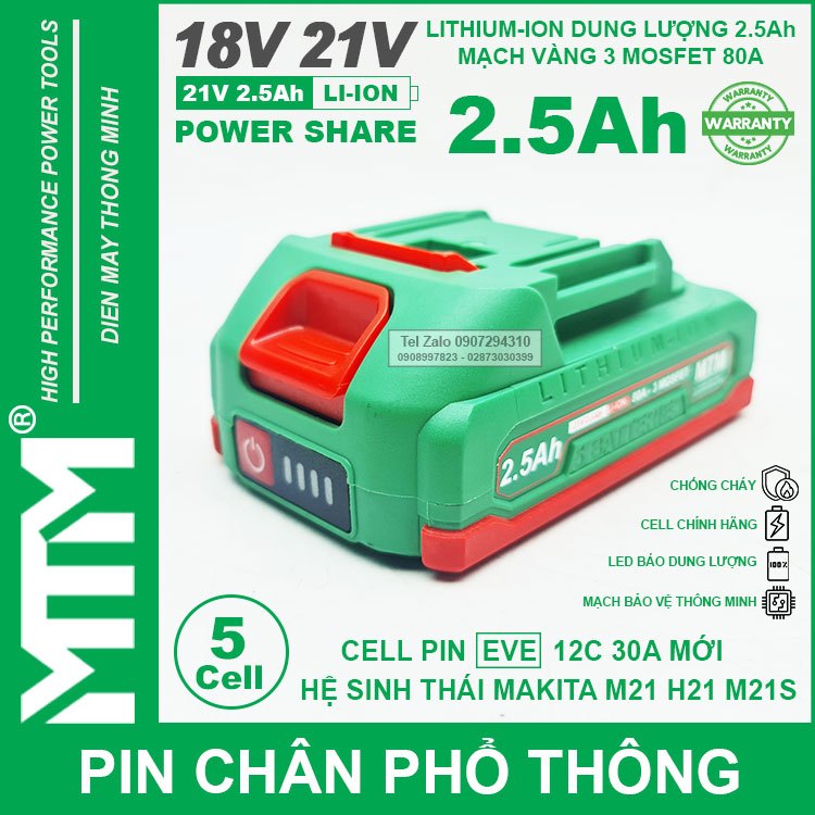 Pin chân phổ thông Makita 18V 21V 2.5Ah 5 cell mạch 80A led báo pin chống sốc – Cell EVE 25P