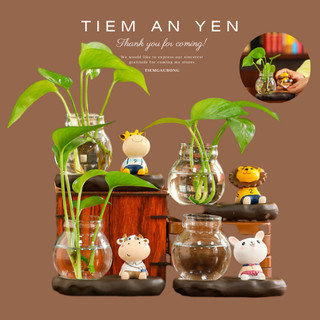 Bình thủy sinh trồng cây kèm tượng Bò sữa, Hươu, Sư tử, Thỏ  Tiệm An Yên trang trí bàn học, làm việc