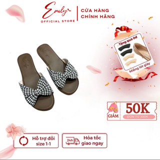 Dép lê nữ đế bằng Emily dép quai ngang thắt nơ xinh xắn vải dạ kẻ thời trang -ED1M