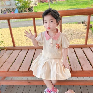 Set váy xếp ly bé gái, áo cổ bẻ kèm chân váy chất cotton mềm mát cho bé 15-40kg ( Có quần lót trong )