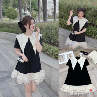 Bigsize Đầm babydoll cổ nhọn trắng phối voan tầng 55-95kg