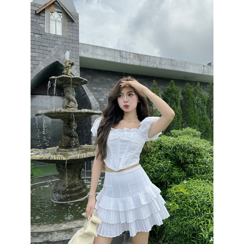 Set Áo Kiểu Nữ Croptop Tay Phồng Phối Chân Váy Xếp Li (bán lẻ) - YUSHI SET - GOÛT DE JUN