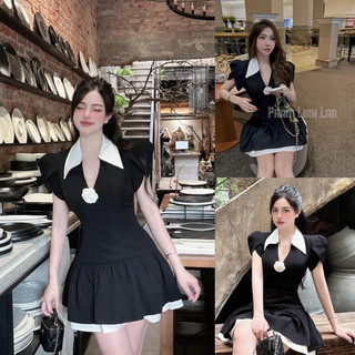Bigsize Đầm cổ v phối bèo nhọn kèm tag hoa trắng 55-95kg
