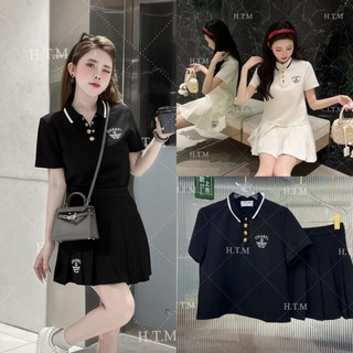 Sét váy polo cổ bẻ áo sơ mi thêu logo kèm chân váy tennis cạp cap xếp ly size s m - halinh shop - sét váy tennis thêu