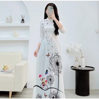 ÁO DÀI HOẠ TIẾT HOA TRẮNG CỔ 2P TAY LỞ ĐỦ SIZE