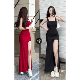 Đầm 2 dây hở lưng dáng dài maxi trơn xẻ tà cực xinh , chất thun tăm mềm mịn