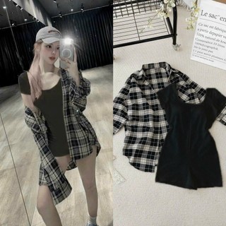 Set jum tăm lạnh nữ dáng ngắn mix áo caro dài tay form rộng phù hợp đi dạ hội, tiệc biển
