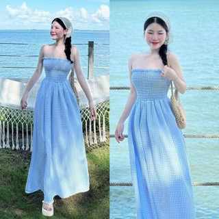 Đầm váy nữ công chúa dáng maxi trễ vai chất xốp karo phù hợp đi chơi, dạ hội, đi biển