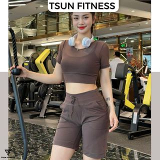 Đồ tập gym, yoga áo croptop mút đúc phối lưới mix quần đùi lửng form suông co giãn Tsun Fitness