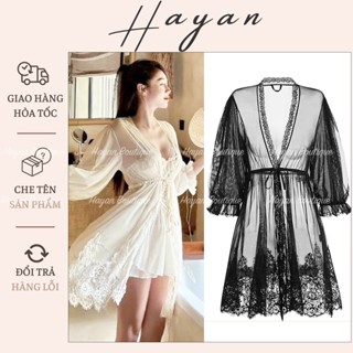HT243 Áo choàng ngủ sexy tay lỡ dây buộc bo cổ ren xuyên thấu mềm mại gợi cảm HT243