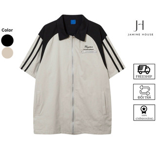 Áo Sơ Mi Nam Nữ JAMINE HOUSE Tay Ngắn Vải Lụa Mango Dây Kéo Phối 2 Sọc Unisex