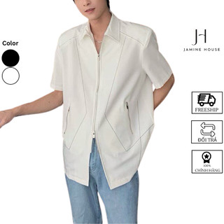 Áo Sơ Mi JAMINE HOUSE Nam Nữ Tay Ngắn Vải Lụa Mango Viền Tam Giác Túi Unisex