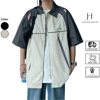 Áo Sơ Mi Nam Nữ JAMINE HOUSE Tay Ngắn Vải Lụa Mango KÉO KHÓA 2 ĐẦU viền ngang Unisex