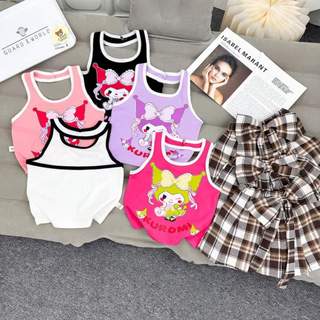 (12-22kg) Set bé gái, Set áo cổ yếm Kuromi kèm chân váy xòe caro đáng yêu cho bé gái SB158