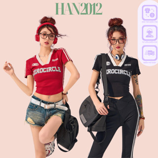 Áo Croptop Nữ Cổ V ZEROCIRCLE Form baby tee Dáng Ôm body Tay Ngắn Phối Sọc Cổ Viền Trắng Phong Cách Retro Y2K