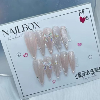  Nail Box Thiết Kế Móng Tay Thiết Kế Móng tay giả sơn mắt mèo hồng form nhọn Nơ + San Hô đính charm đá Tinh Tế MT001 