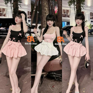 [ SB-186 ] Sét áo 2 dây đính nơ và chân váy lưng thun