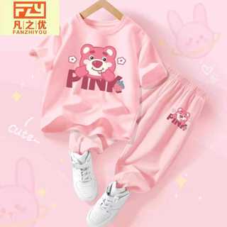 Sét bộ cho bé gái chất cotton in hình gấu dâu gồm 2 màu cực dễ thương năng động siêu hót 2024 sz từ 19-44kg(mã D456)