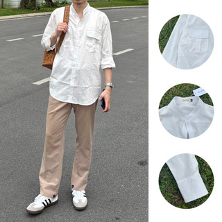 Áo sơ mi Cổ Tàu nam form rộng vải Đũi phong cách Hàn Quốc