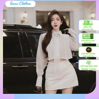 Set sơ mi cổ đức croptop tay dài carvat đính đá 𝐀𝐒𝐇𝐘𝐋𝐄𝐘 kèm chân váy ngắn đá ASHY